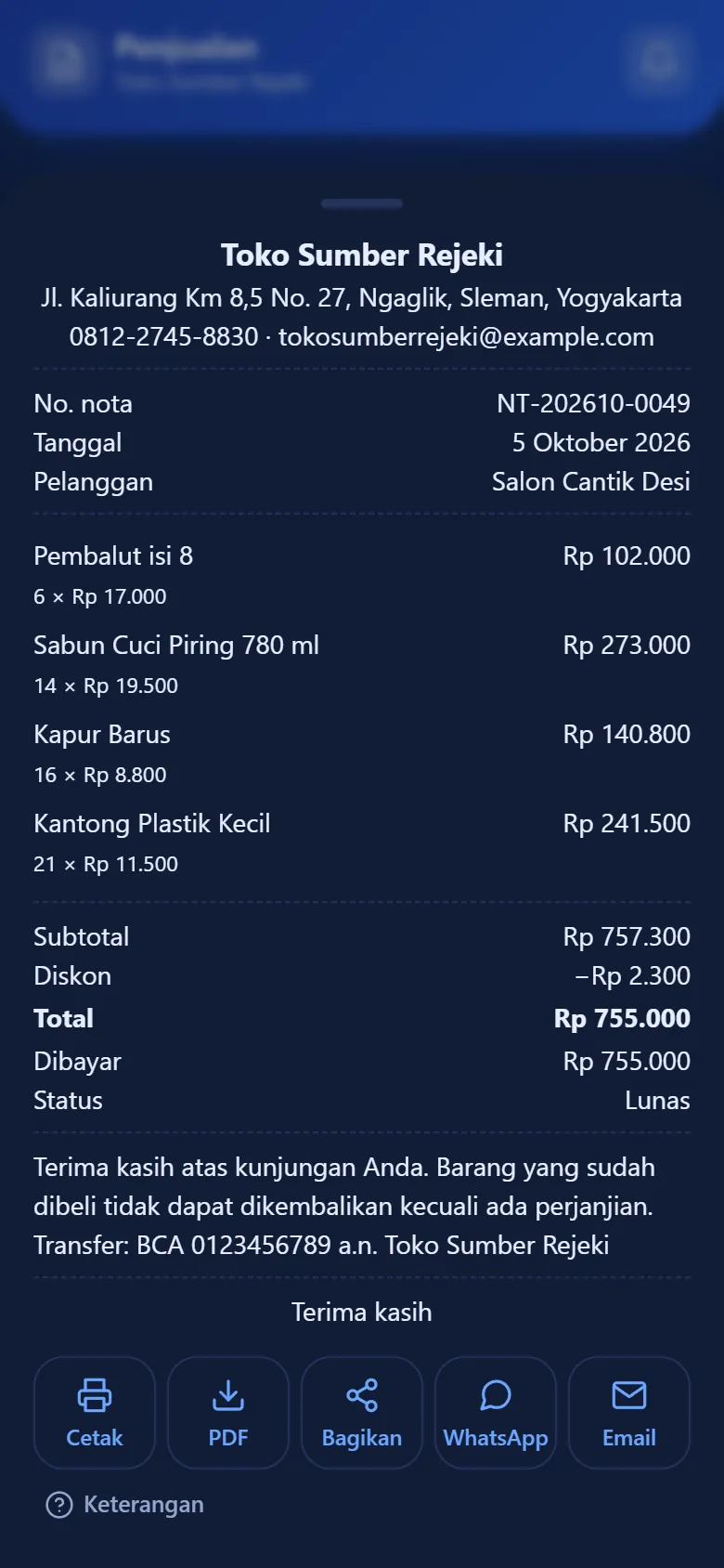 Tampilan detail nota penjualan di Tokoni