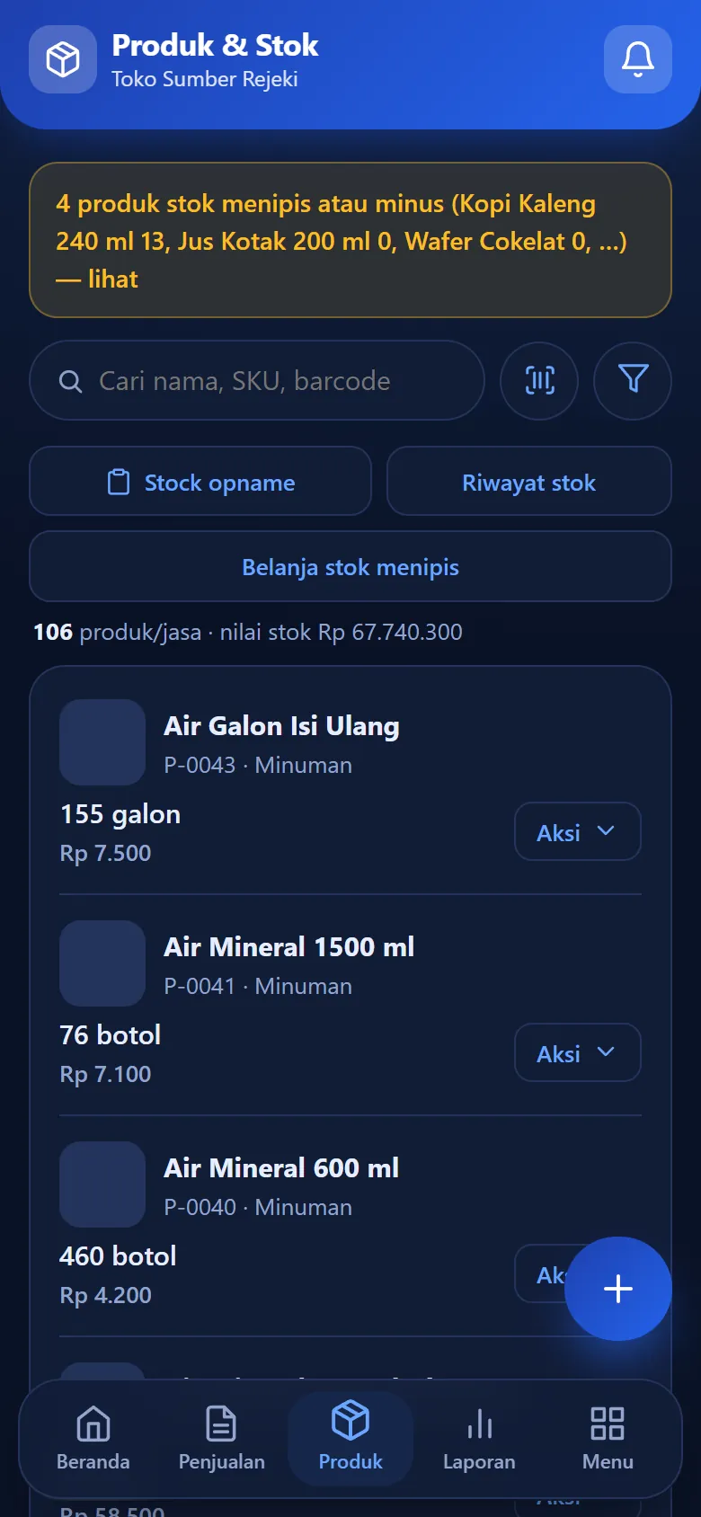 Daftar produk dan stok